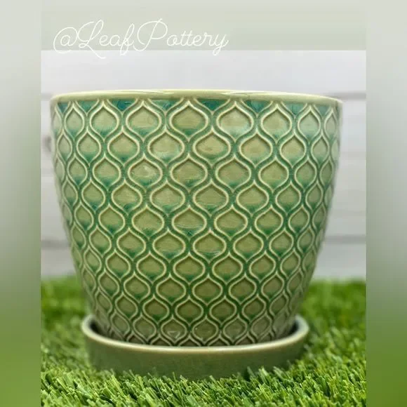 Coral Aqua/Green Ceramic Planter Pot with Saucer Attached - Picture 8 of 8